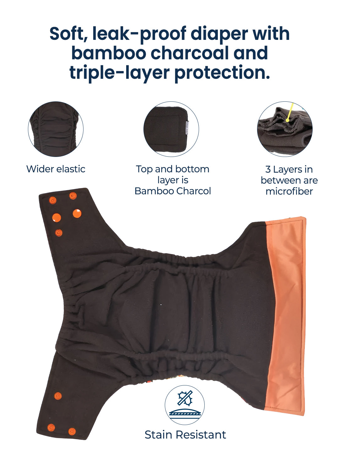 Black diaper with orange accents and text highlighting features on a white background