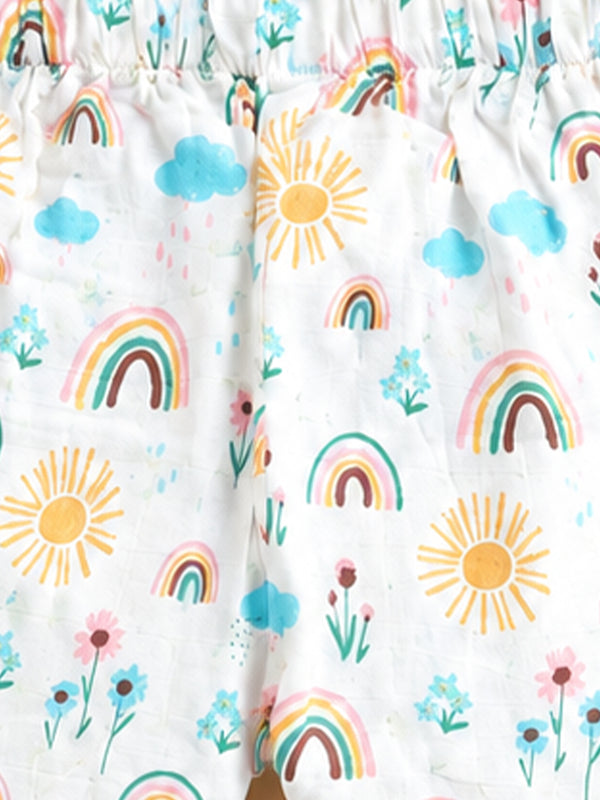 MulMul Sparsh Full Sleeve Rainbow Print Muslin Jabla & Pant Set – White