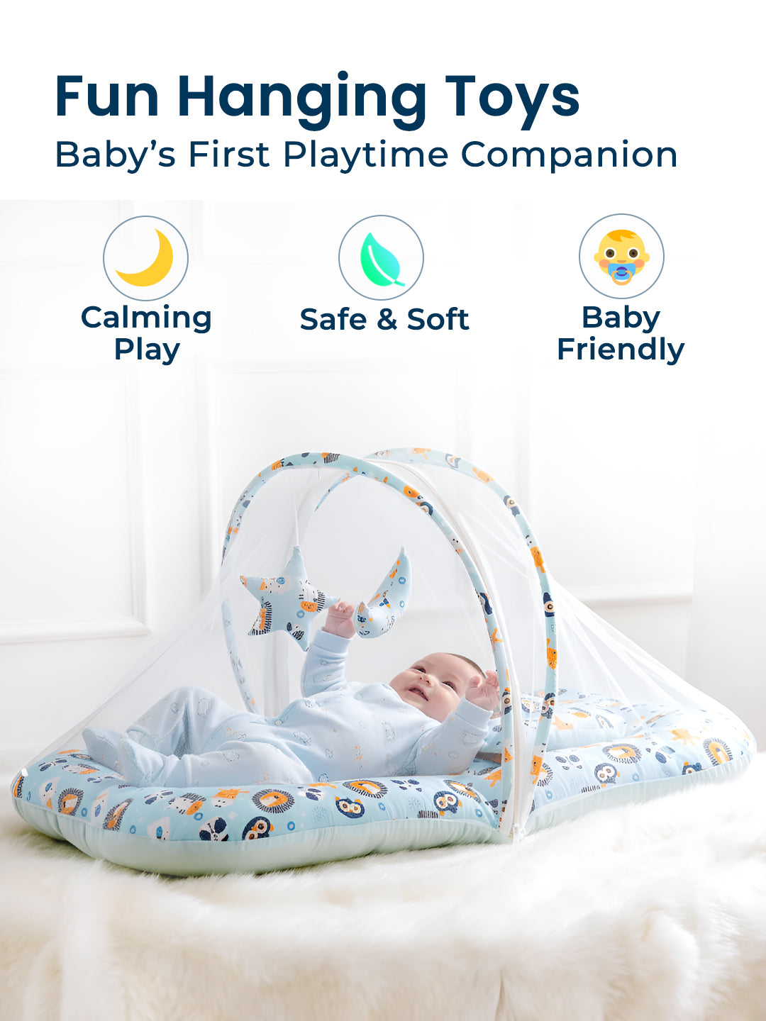 Baby playpen with hanging toys, labeled as a baby's first playtime companion with calming, safe, and soft features.