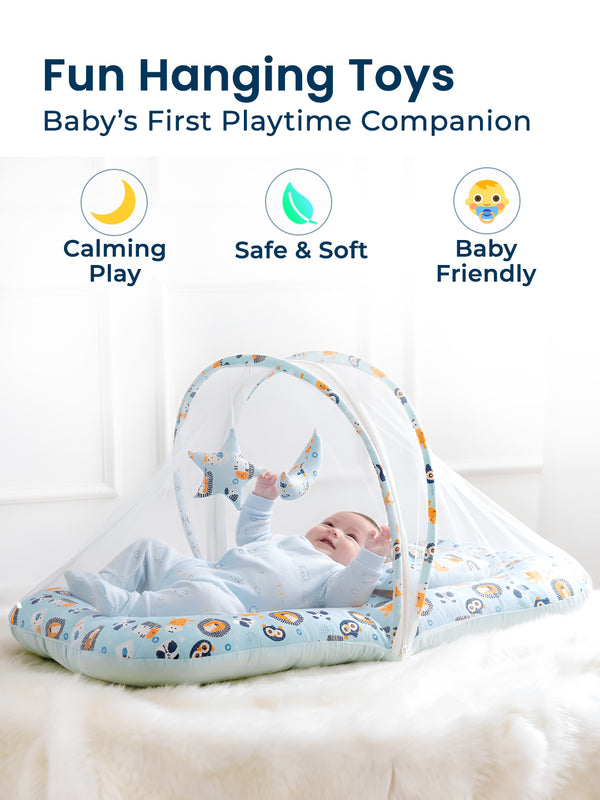 Polka Tots Cotton Baby Bedding Mosquito Net Set with Dangling Toys - Lion print Blue