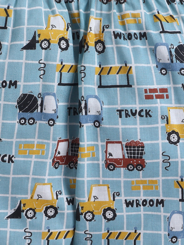 Polka Tots Full Sleeve Truck Print Night Suit- Blue