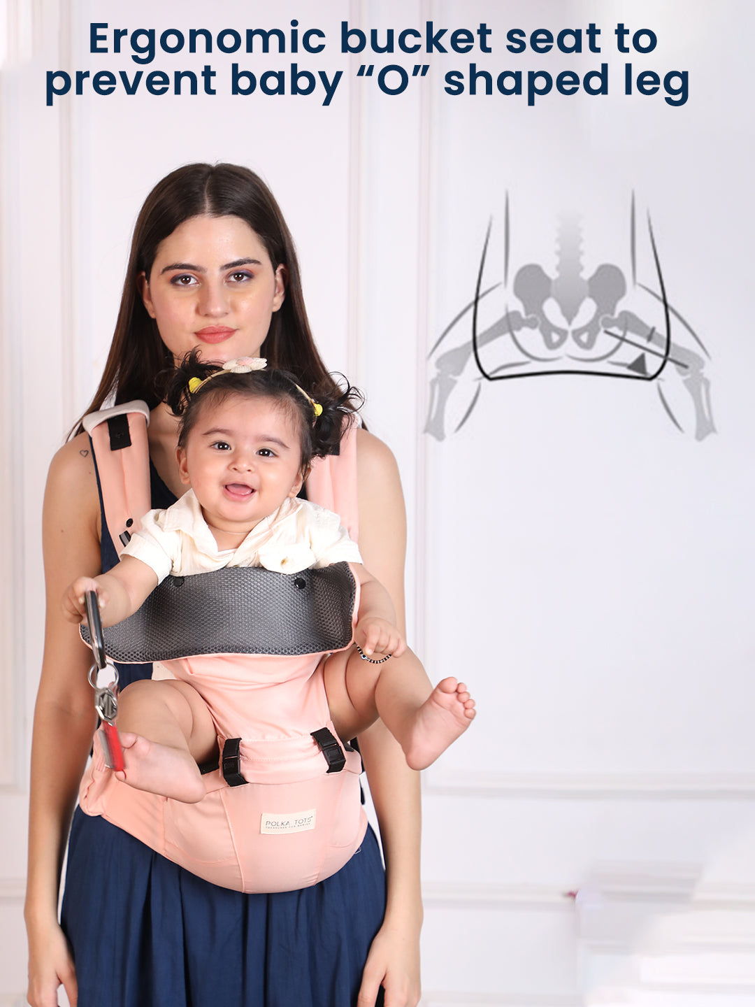 Woman holding a baby in an ergonomic carrier with text about preventing 'O' shaped legs.