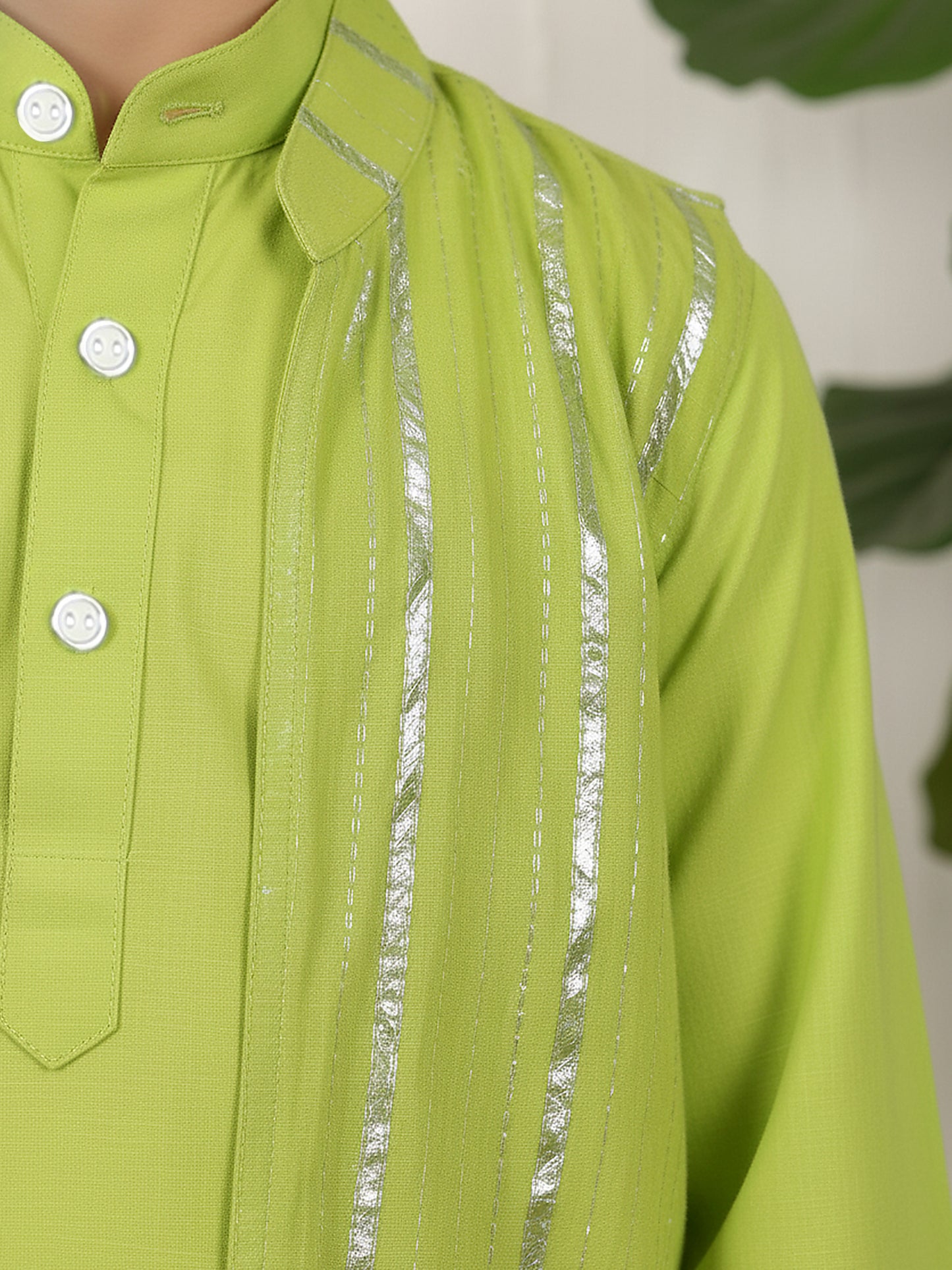 Polka Tots Full Sleeve Ethnic Kurta Pyjama Set with Foil Striped Koti - Neon Green