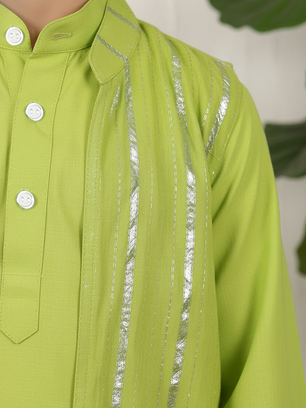 Polka Tots Full Sleeve Ethnic Kurta Pyjama Set with Foil Striped Koti - Neon Green