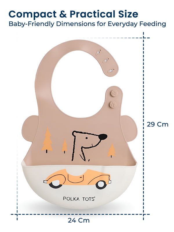 Polka Tots Waterproof Silicone Bibs with Pocket and Adjustable Snaps (Orange Car)
