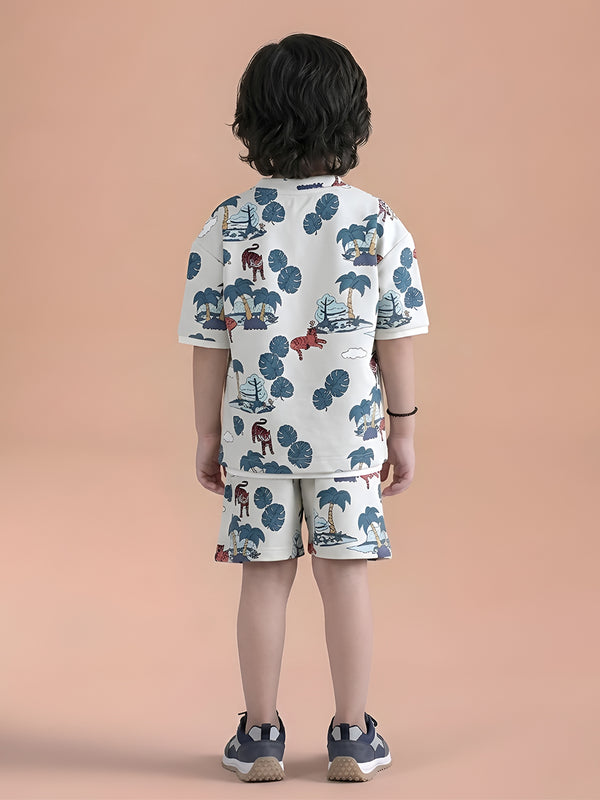 Polka Tots Half Sleeves Tropical Tiger Print T-Shirt Shorts - White
