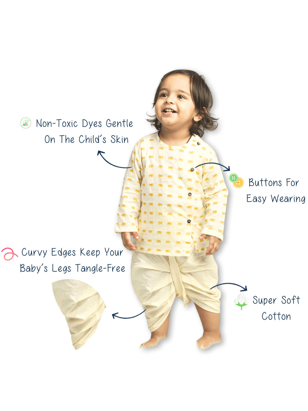 Polka Tots Dhoti Kurta Set for Boys 100% Super Soft Cotton Traditional Ethnic Wear For Kids Yellow Elephant - Cream