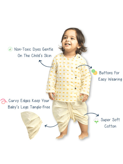 Polka Tots Dhoti Kurta Set for Boys 100% Super Soft Cotton Traditional Ethnic Wear For Kids Yellow Elephant - Cream
