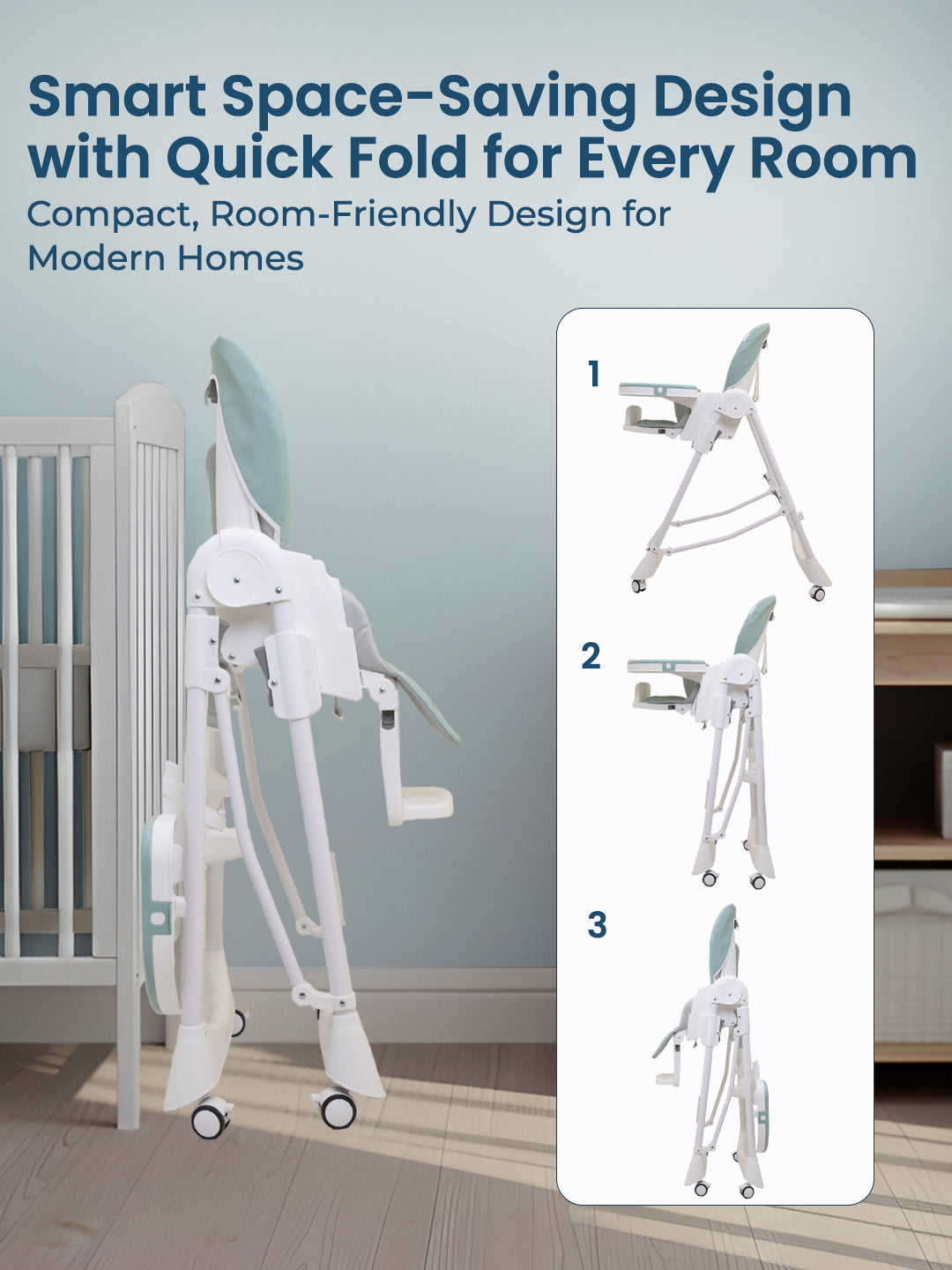 Space-saving high chair with folding options in a room setting