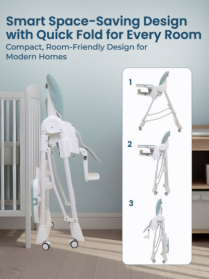 Space-saving high chair with folding options in a room setting