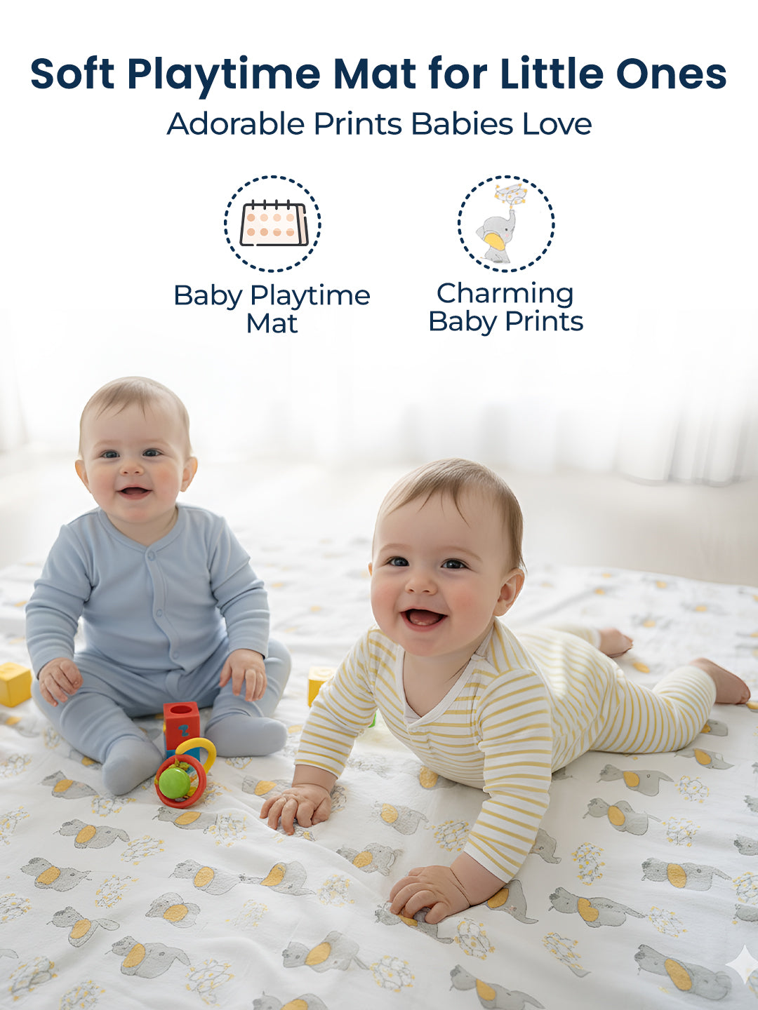 Two babies on a soft playtime mat with adorable prints, sitting and crawling on a white background.