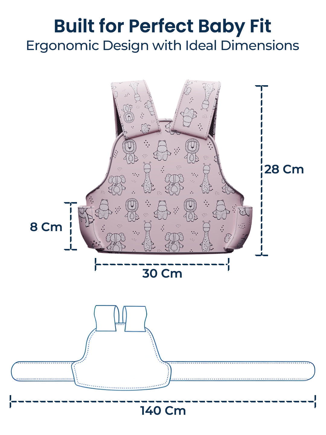 Baby carrier with ergonomic design and ideal dimensions on a white background