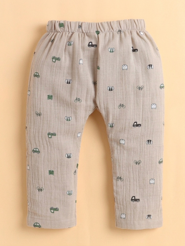 Polka Tots Soft Wrinkled Muslin Cotton Transport & Doodle Print Kediya Jhabla & Pant Set - Beige