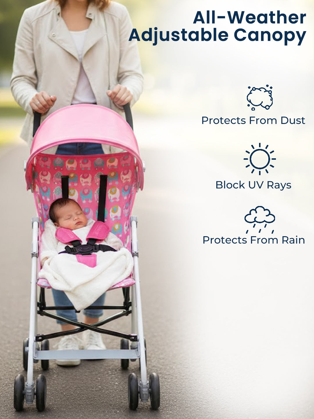 Baby stroller with adjustable canopy featuring text on benefits, being pushed by a person.