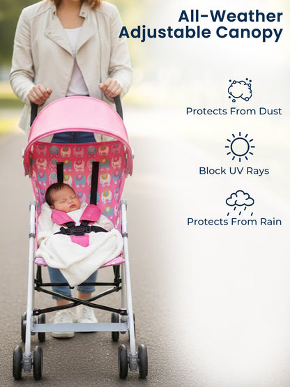Baby stroller with adjustable canopy featuring text on benefits, being pushed by a person.