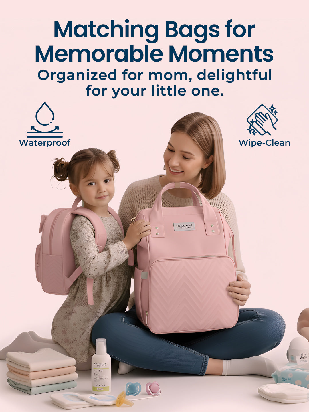 Woman and child with pink bags, emphasizing waterproof and wipe-clean features.
