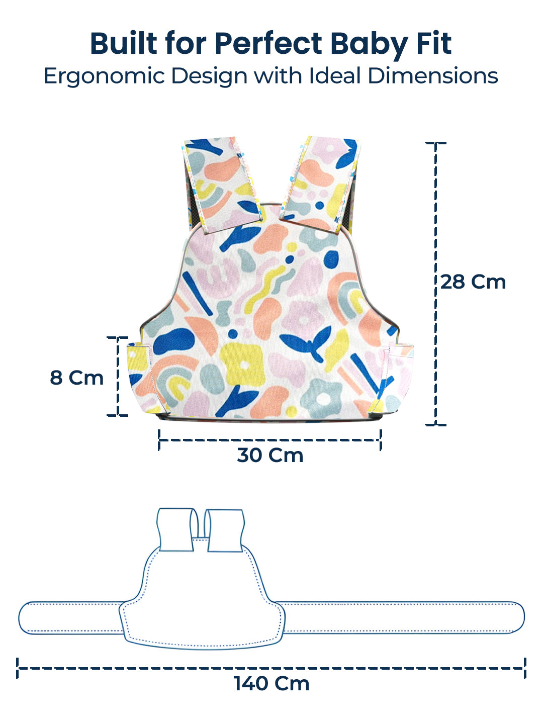 Colorful baby carrier with dimensions labeled on a white background