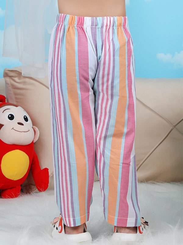Polka Tots Half sleeves Stripes print Night Suit - Pink/Orange