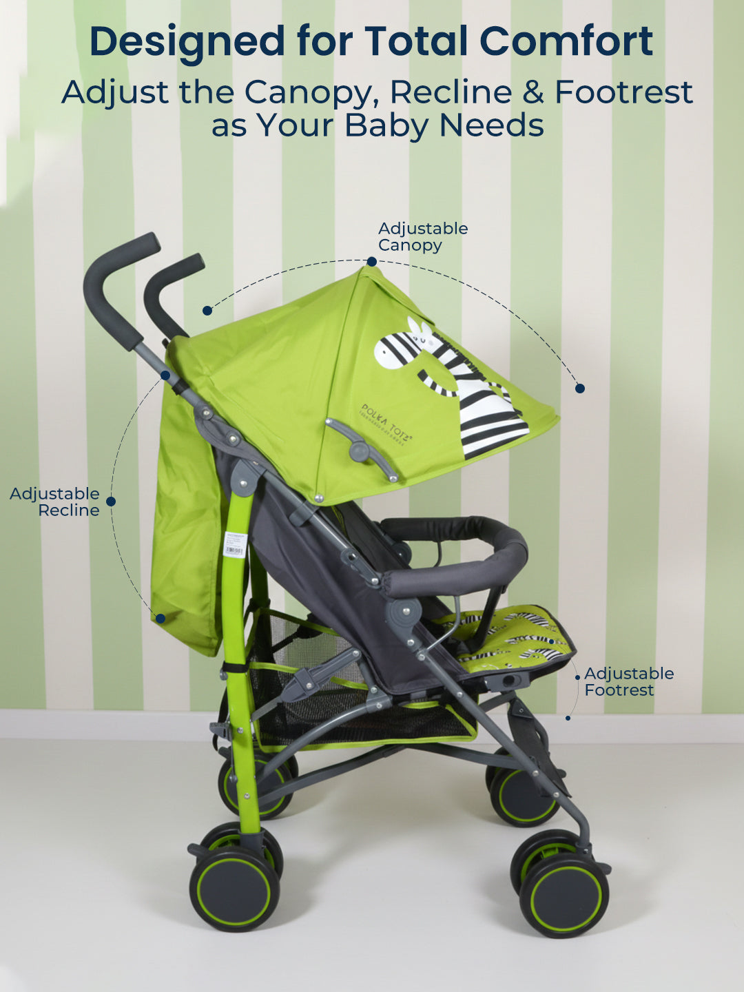 Green and gray stroller with adjustable canopy, recline, and footrest on a white background.