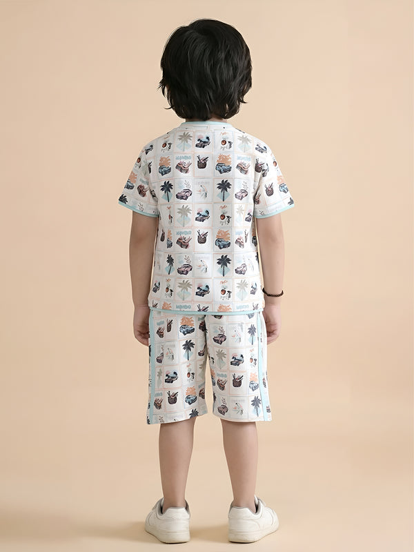 Polka Tots Half Sleeves Tropical Print T-Shirt Shorts - White