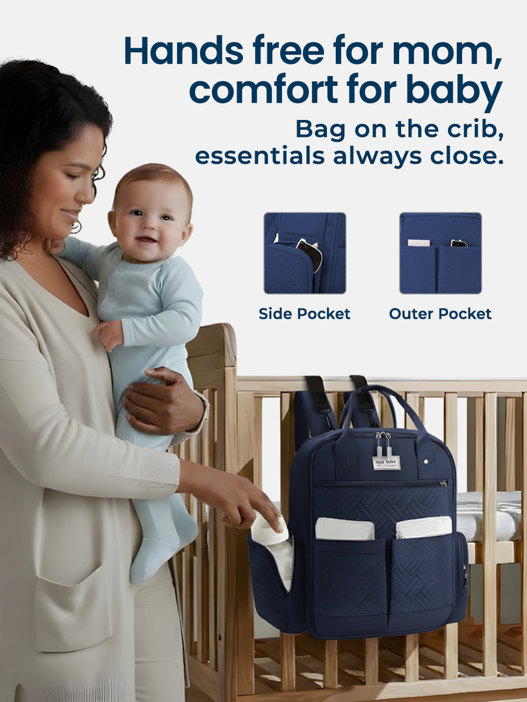 Woman holding a baby next to a navy blue backpack with pockets, text 'Hands free for mom, comfort for baby'.