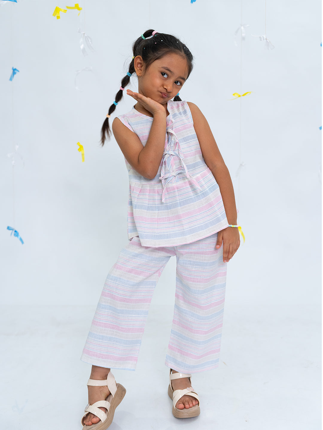 Polka Tots Sleeveless  Statement Bow Top & Bottom Set - Multicolour