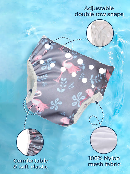 Flamingo-patterned fabric with adjustable snaps and 100% nylon mesh fabric on a blue background