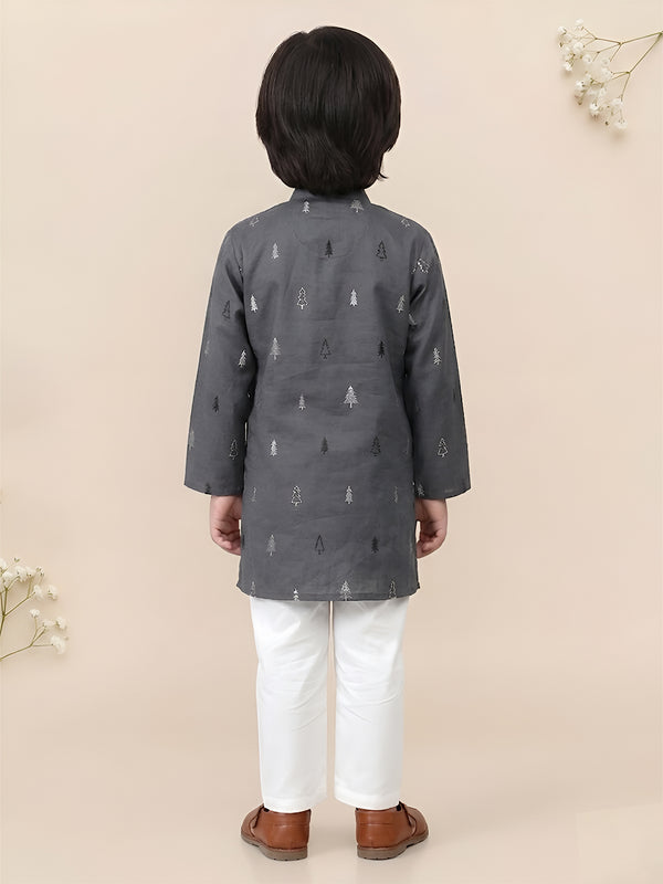Polka Tots Full Sleeve Christmas tree Print Ethnic Kurta Pyjama Set - Grey