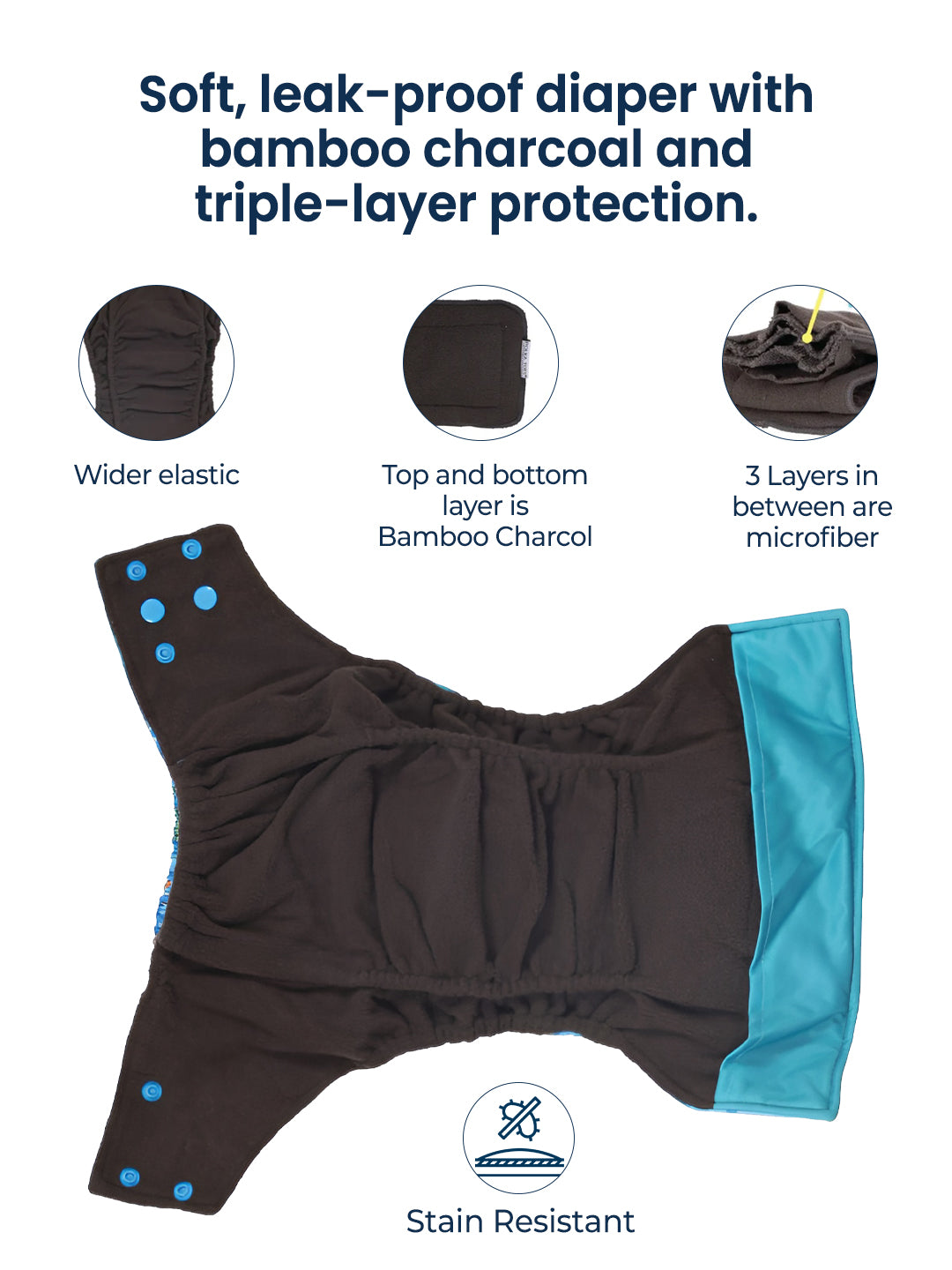 Diaper with bamboo charcoal and triple-layer protection features on a white background