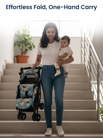 Woman holding a baby and a stroller on a staircase with text 'Effortless Fold, One-Hand Carry'.