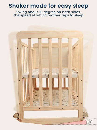 Wooden crib with shaker mode feature for easy sleep on a white background
