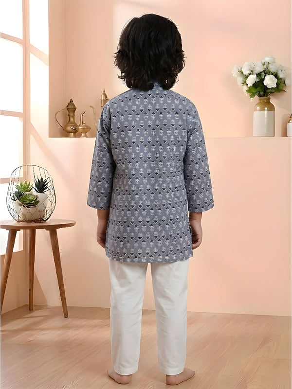 Polka Tots Cotton Full Sleeve Geometric Print Ethnic Kurta Pyjama Set - Grey
