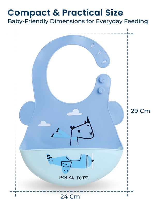 Polka Tots Waterproof Silicone Bibs with Pocket and Adjustable Snaps (Aeroplane)