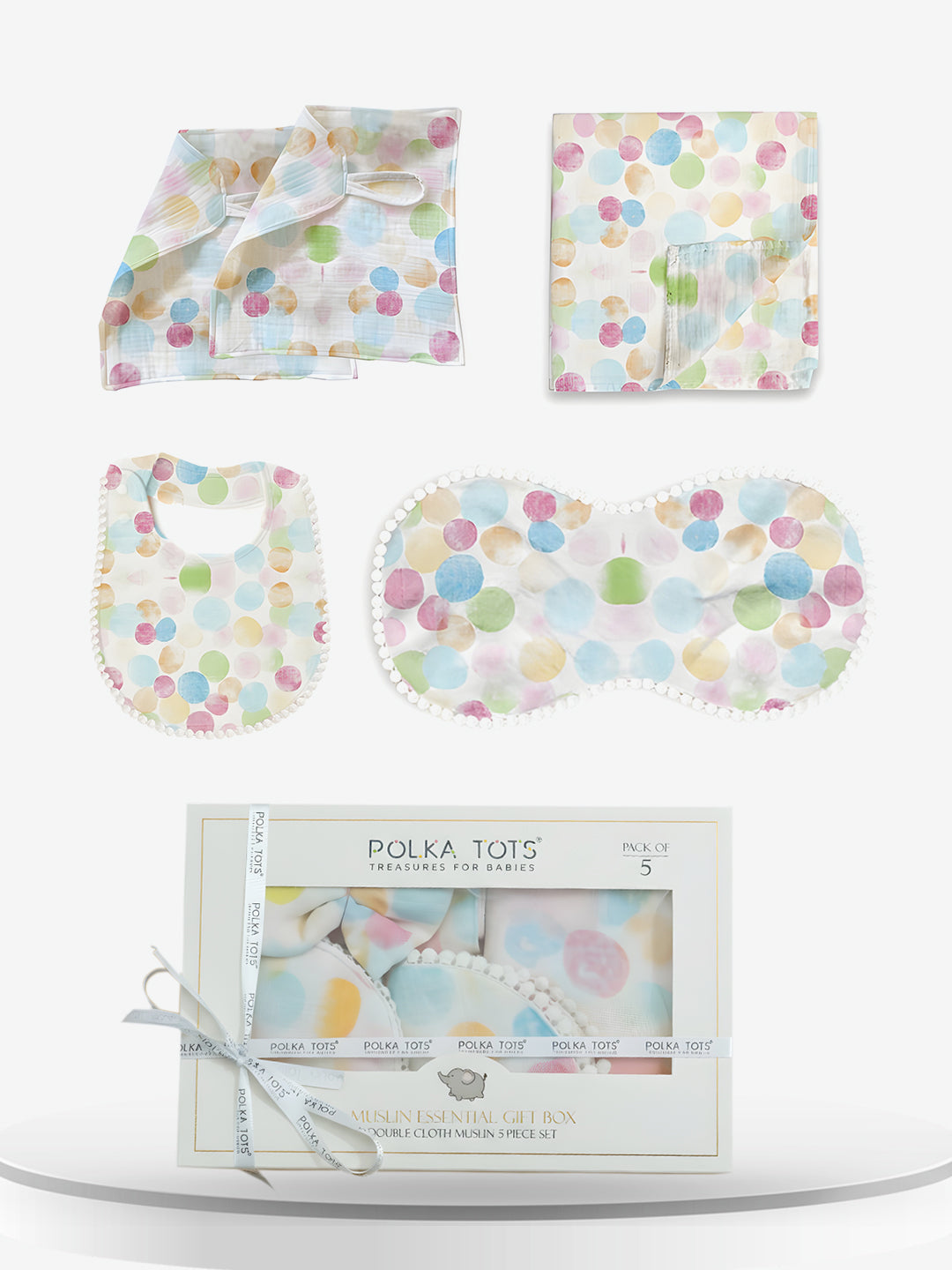 Polka Tots Newborn Pack of 5 100% Soft Double-Layer Muslin Cotton Essentials Gift Box – Polka Dots Print