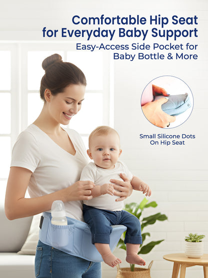 Woman holding a baby in a blue hip seat with text about comfort and features.