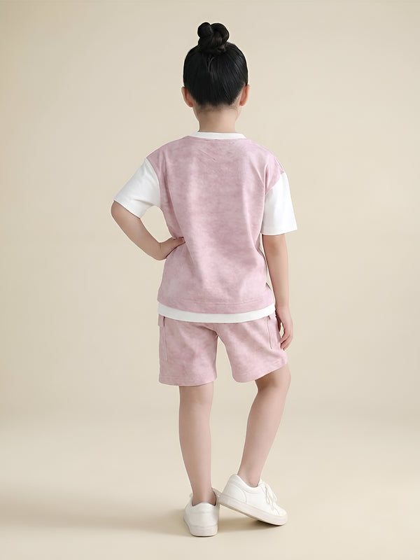 Polka Tots Half Sleeves Tie-Dye T-Shirt Shorts with Pocket Detail - Pink