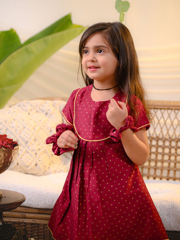 POLKA TOTS Girls Festive Golden Foil Print Kurta Dhoti Set – Dark Pink