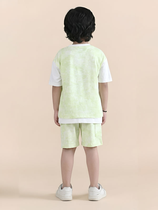 Polka Tots Half Sleeves Tie-Dye T-Shirt Shorts with Pocket Detail - Green