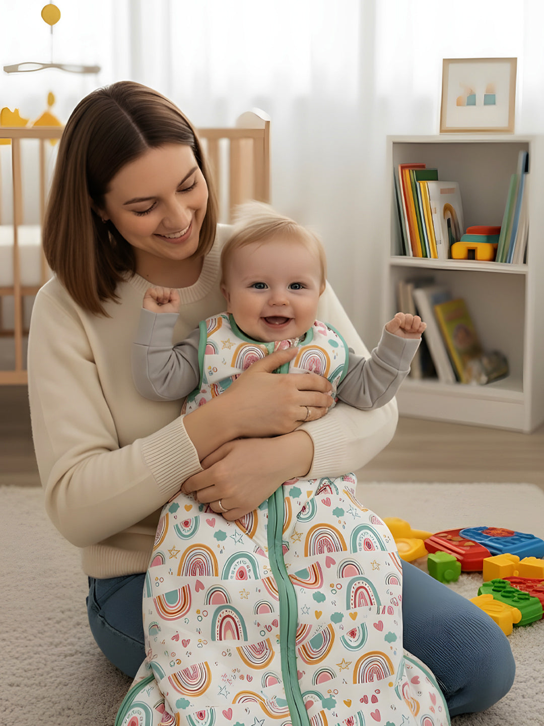 Polka Tots 100% Soft Cotton Rainbow Print Sleeping Bag with Cap - Multicolor