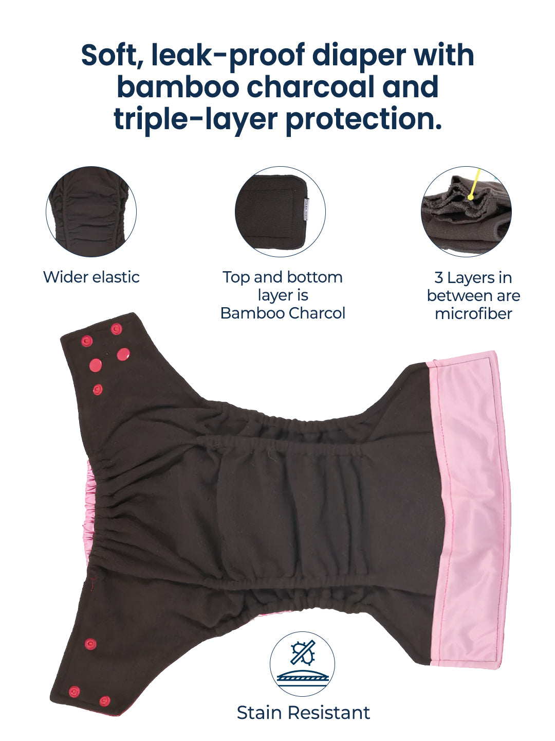 Black diaper with pink sides on a white background, featuring text about its features.