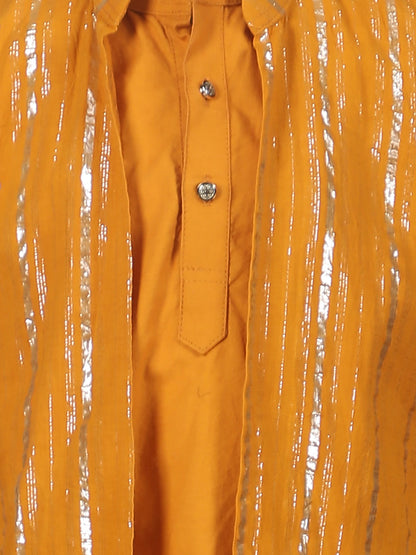Polka Tots Full Sleeve Ethnic Kurta Pyjama Set with Foil Striped Koti - Orange