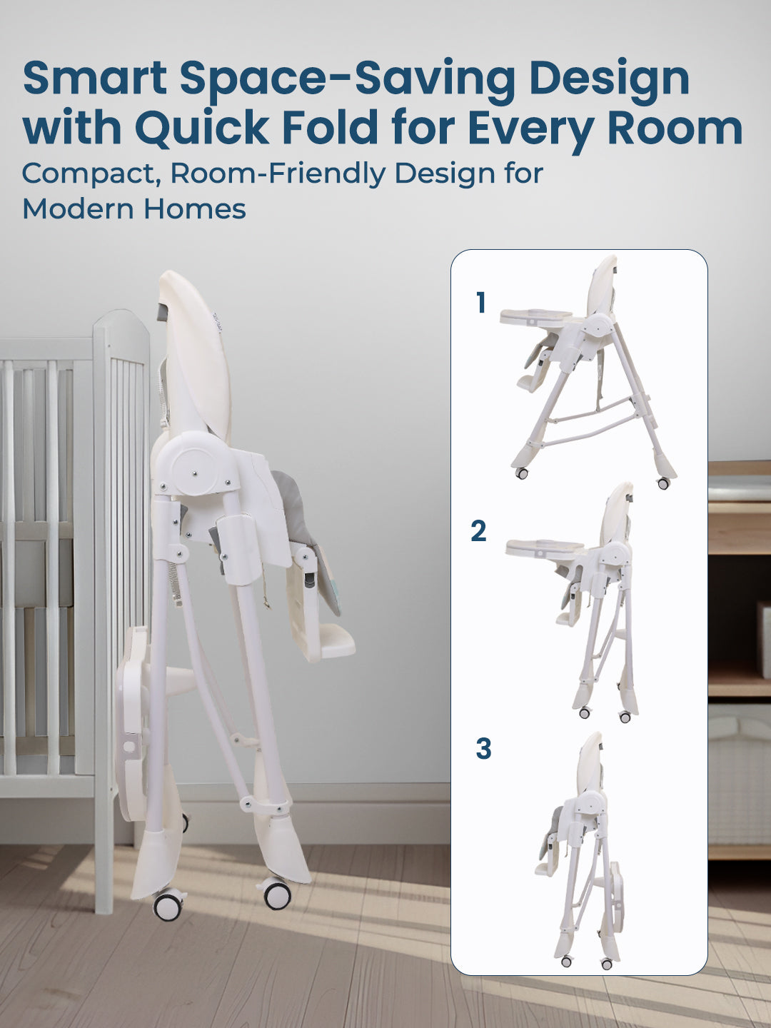 White folding chair with text about space-saving design in a home setting