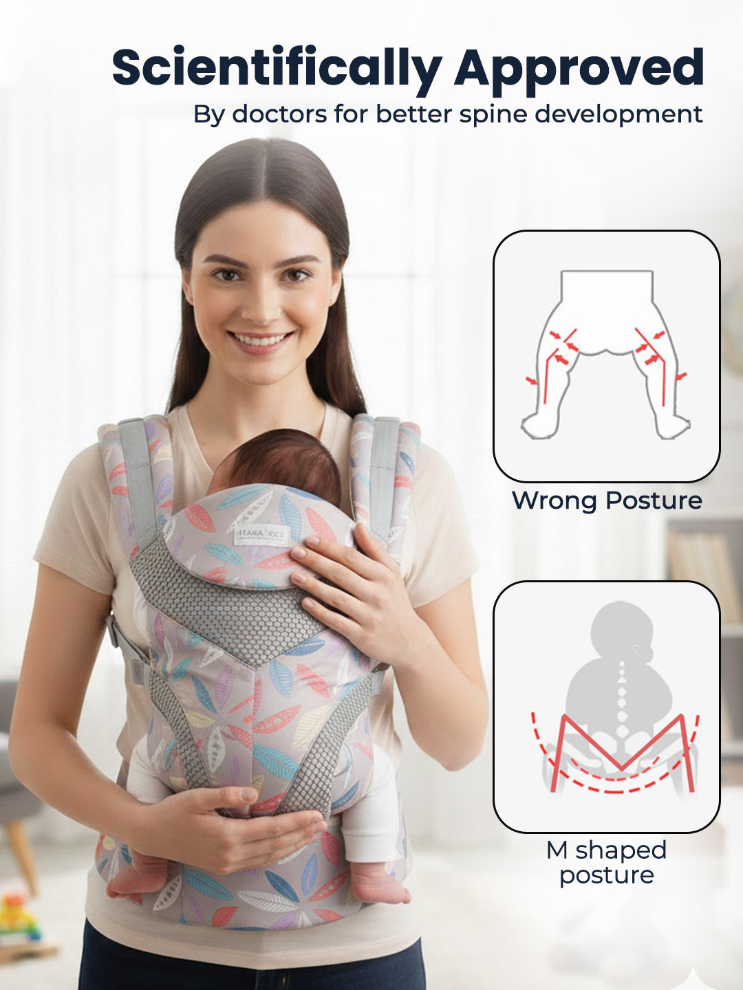 Woman using a baby carrier with scientific diagrams on spine development.