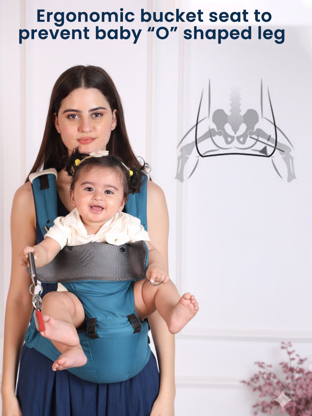 Woman holding a baby in an ergonomic carrier with text about preventing 'O' shaped legs.