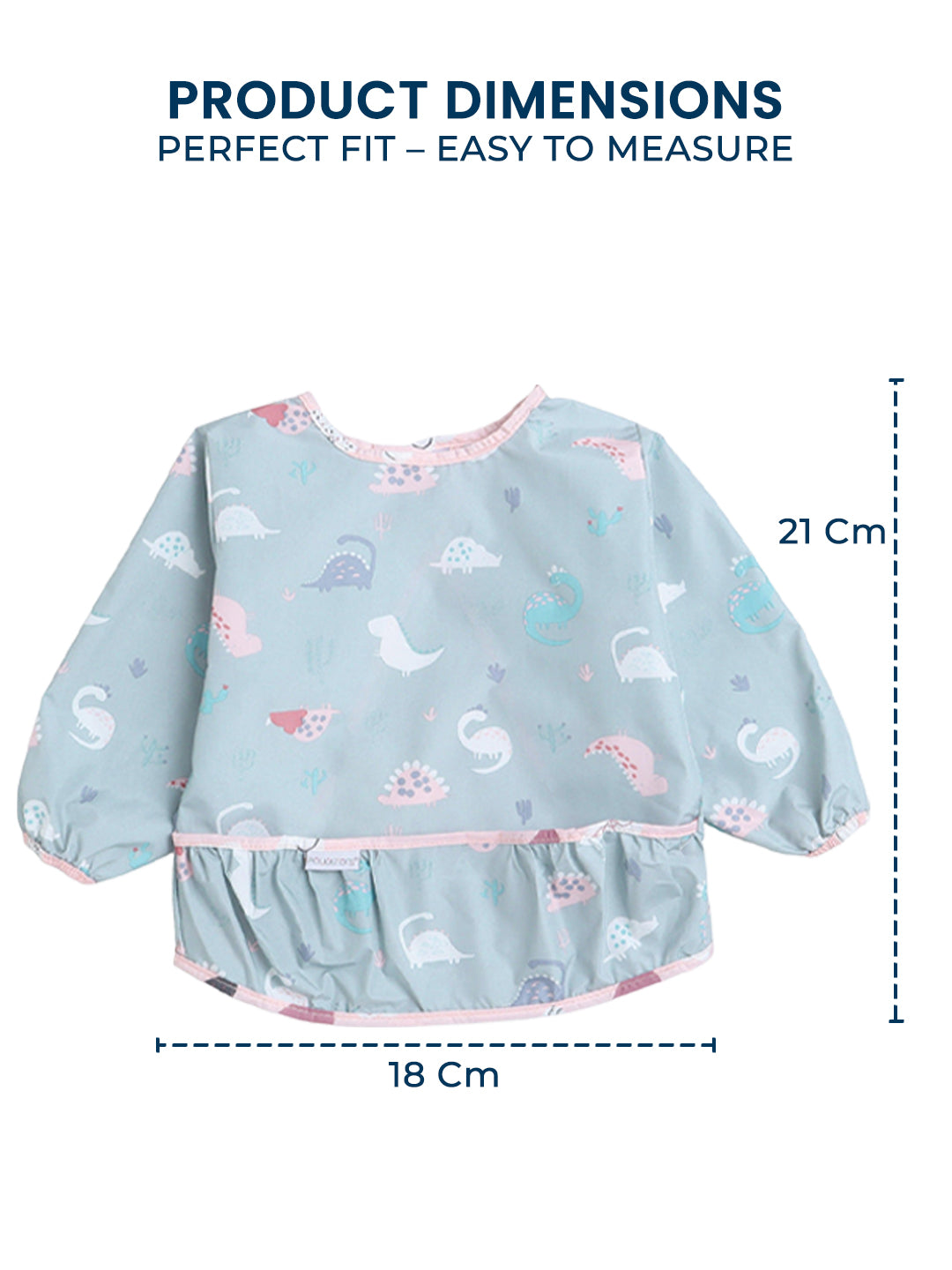 Children's bib with sea creature pattern and measurement details on a white background