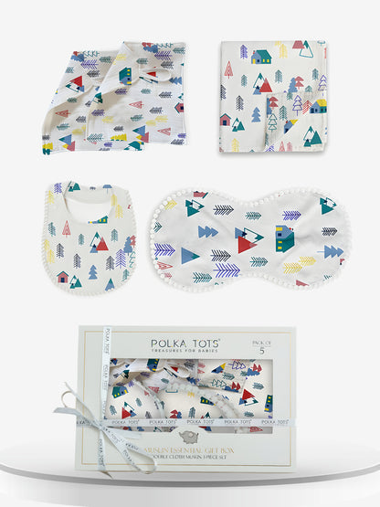 Polka Tots Newborn Pack of 5 100% Soft Double-Layer Muslin Cotton Essentials Gift Box – Tiny Town Print