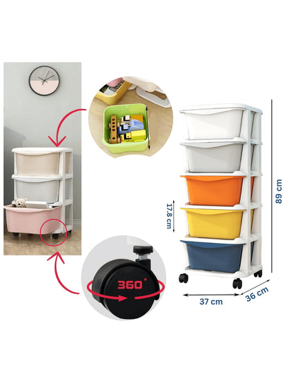 Multicolored storage bins with wheels on a white background