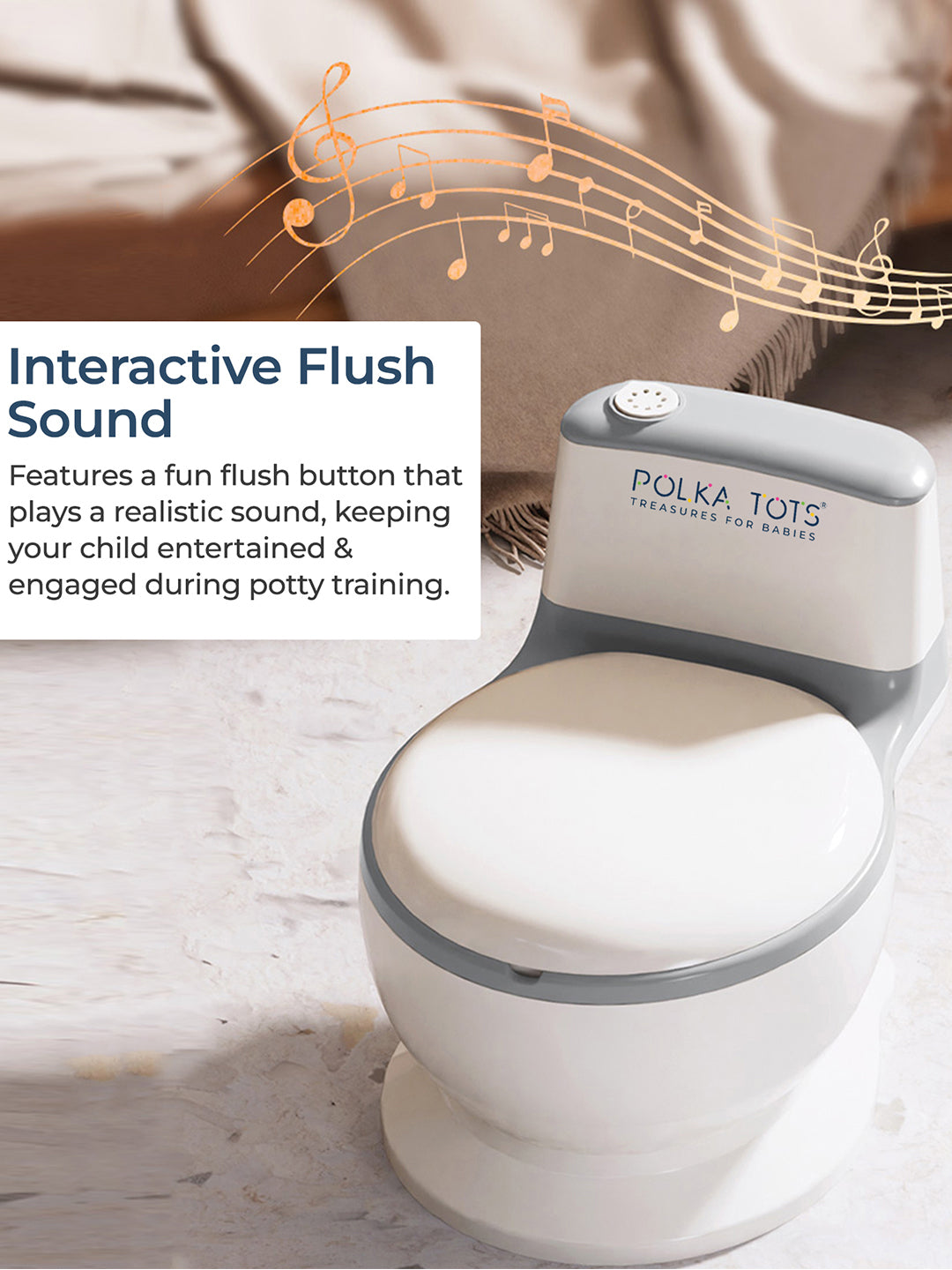 Polka Tots potty training seat with interactive flush sound feature on a neutral background