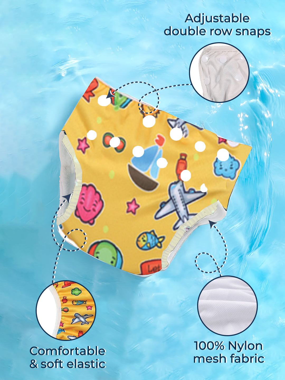 Children's swim diaper with colorful design on a blue water background