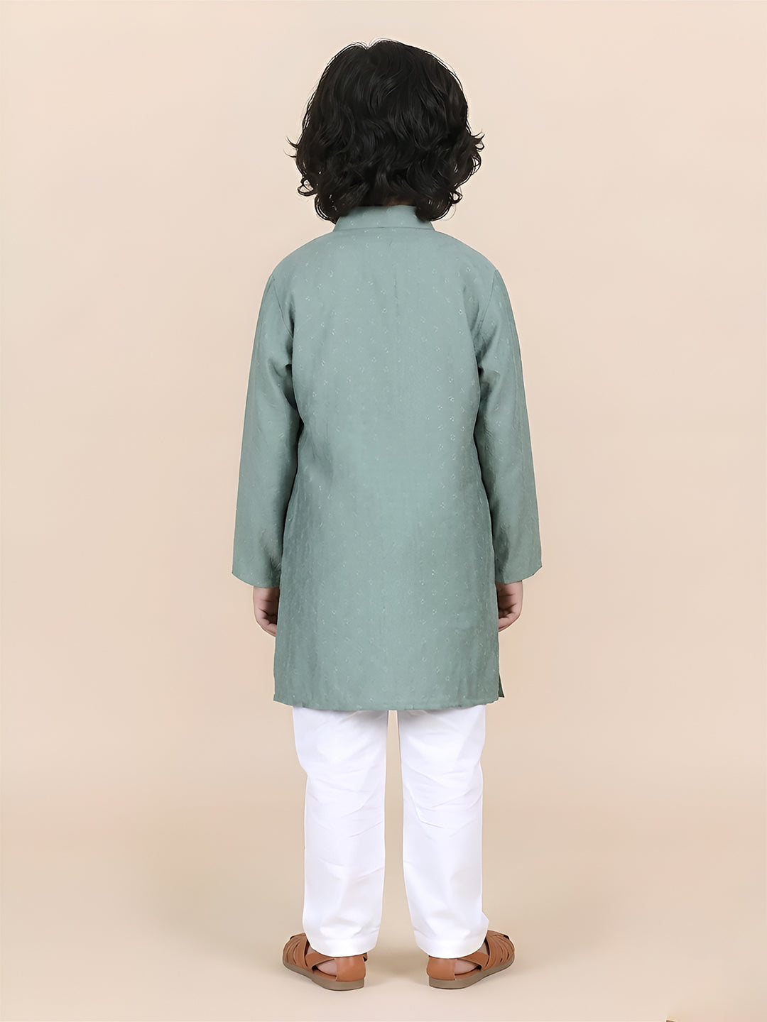 Polka Tots Full Sleeve Boys Geometric Buta Weave Ethnic Kurta Pyjama Set with Wooden Buttons - Green
